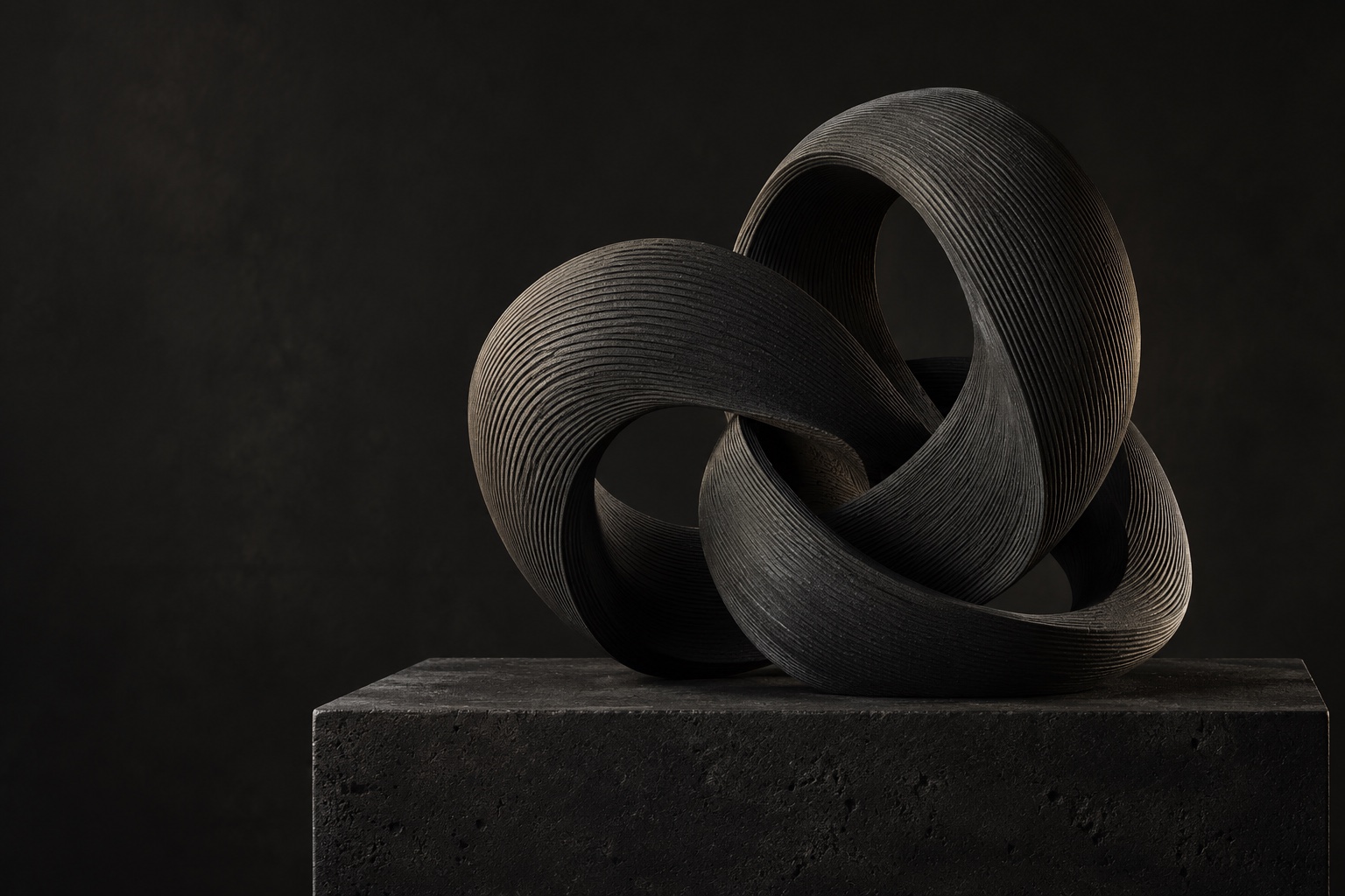 A folded black sculptural form with fine fabrication ribs in a dark gallery