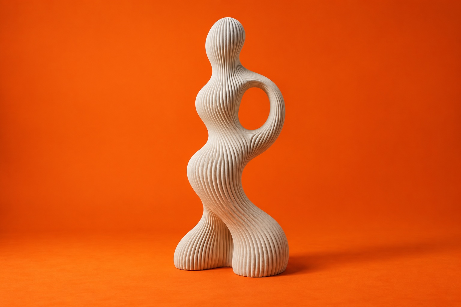 Bone-white ribbed sculptural totem against signal orange