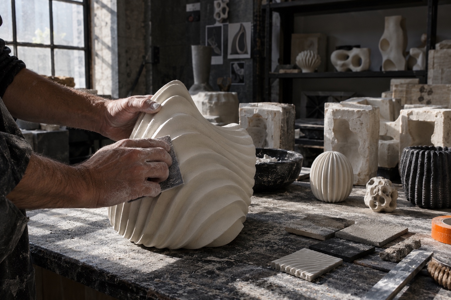 A maker hand-finishing a sculptural form at a workbench
